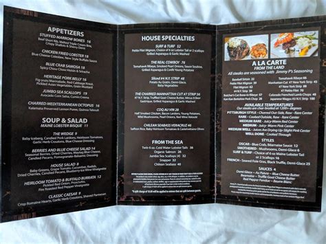 Explore <b>menu</b>, see photos and read 116 reviews: "Excellent ambience, easy to carry out conversation,Profesional waitstaff,Best tenderloin ever!Pricey". . Jimmy ps charred bonita springs menu